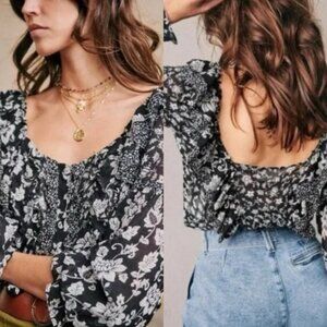 Sezane Silk Blend Floral Patchwork Jihane Blouse Top Size 40 French US 8 Boho